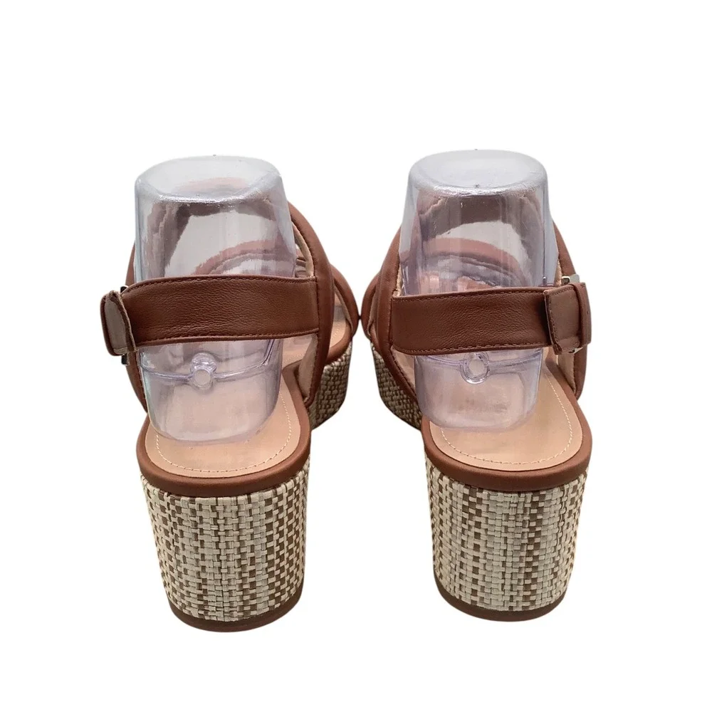 Violet & Red Casey Tan Leather Padded Double Strap Platform Wedge Sandals 9M